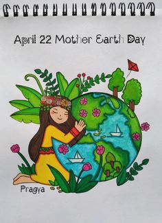 a drawing of a girl hugging the earth