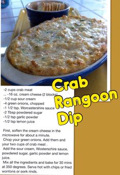 the recipe for crab ranggoon dip is shown in this brochure style