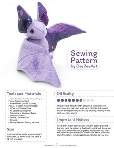 a purple stuffed animal with stars on it's wings and the words sewing pattern by breeze art