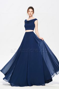 Navy Blue Two Piece Evening Dresses Long 1pice Dress Long, Blue Colour Dress Design, Blue One Piece Dress, Navy Blue Dress Outfit, One Piece Dress Design, Long One Piece, Two Piece Evening Dresses, Blue Colour Dress, Skirt And Top Dress