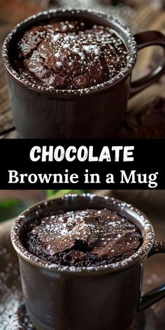 chocolate brownie in a mug with powdered sugar on top and the words, chocolate brownie in a mug