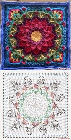 two crocheted squares are shown with the same pattern on each one, but different colors