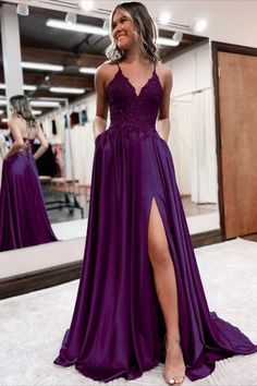 Purple Satin Prom Dress, Satin Prom Dresses, Prom Dress Inspo, Purple Prom, Stunning Prom Dresses, Prom Dress Inspiration, Cute Prom Dresses, Pretty Prom Dresses, Prom Outfits