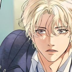 an anime character with blonde hair and blue eyes looking at the camera while wearing a suit