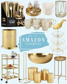 an assortment of gold and white kitchenware with the words amazon favorites over it