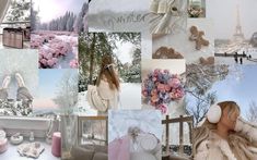 a collage of photos with pink and white flowers, teddy bears, trees, people in the snow