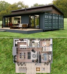 two pictures showing the inside and outside of a house made out of shipping containers, with an open floor plan