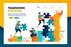 the landing page for teamwork is designed to look like puzzle pieces with people working on them