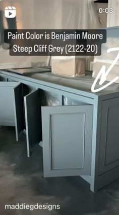 an image of a desk that has been painted in gray and is being displayed with the words, paint color is benjamin moore's step off grey 1222 - 20