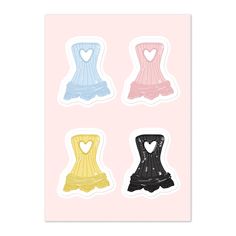 four different colored dresses stickers on a pink background with the words love written in white