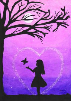 a painting of a girl holding a butterfly in front of a tree with a heart