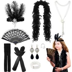 PRICES MAY VARY. Complete Flapper Dresses Costume Kit: this product includes a fully inclusive 9 pieces of roaring 20s accessories set sure to delight any young girl who enjoys play and dressing up; Within the set, you'll find 1 pair of earrings, 1 piece of headband, 1 pair of gloves, 1 piece of lace folding fan, 1 piece of bracelet, 1 piece of necklace, 1 piece of ring, 1 pair of silk stockings and 1 piece of long feather scarf; The kit assures an immersive themed party experience Size Versatil Black Costume Sets For Halloween, Black Flapper Costume Accessories For Costume Party, Black Flapper Accessories For Costume Party, 20s Flapper Costume, Roaring 20s Accessories, 20s Accessories, Halloween Kids Party, Sequin Bracelet, Kids Party Decor