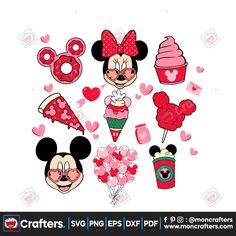 mickey mouse and minnie mouse with hearts, cupcakes, donuts and ice cream