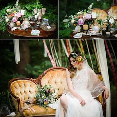 a woman sitting on top of a couch next to flowers and greenery in front of her