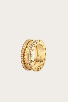 B.zero1 Rock two-band ring in 18 kt yellow gold with studded spiral and pavé diamonds on the edges  $6,500.00 Preformance Outfits, Jewelry Styles, Diamond Rings Design, Classic Jewelry, Silver Rings Handmade