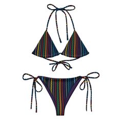 Stay comfortable and stylish all summer with this All-Over Print Recycled String Bikini set. It’s made from soft recycled polyester with double-layering and UPF 50+. Style the straps how you like, and get ready to swim! • Soft and stretchy material with UPF 50+ • Sizes up to 6XL • Bikini top comes with removable padding for comfort • Multiple ways to tie and style the bikini set • Color design options for swimwear lining Disclaimer: To make your All-Over Print Recycled String Bikini last longer, Multicolor String Swimwear For Poolside, Adjustable Multicolor Tie-side Swimwear, Adjustable Multicolor Tie-side Swimwear Bottom, Black String Swimwear For Beach, Multicolor String Swimwear For Beach, Adjustable Straps Swimwear For Festivals, Blue Swimwear With Adjustable Straps For Festival, Adjustable Blue Swimwear For Festivals, Black Tie-side Swimwear For Festivals