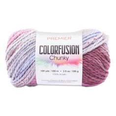 a ball of yarn that is pink, purple and white with the words colorfusion chunk on