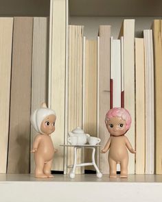 two dolls are standing in front of bookshelves and one is wearing a pink wig