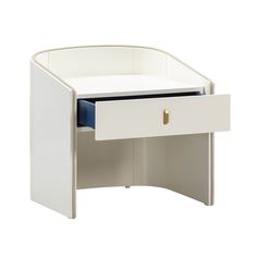 a white desk with two drawers and a gold handle on the bottom drawer, against a white background