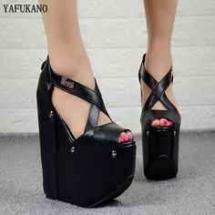 Cheap High Heels, Womens Espadrilles Wedges, Beautiful High Heels, High Wedges, Black Wedge Sandals, Peep Toe Sandals