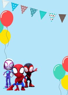 two cartoon characters standing next to each other in front of balloons and buntings