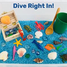 an ocean scene with sea shells and toys