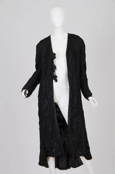 For Sale on 1stDibs - Edwardian Black Hand Embroidered Silk Net Long Duster Elegant Silk Outerwear With Intricate Embroidery, Embroidered Silk Evening Outerwear, Embroidered Fitted Evening Outerwear, Fitted Embroidered Evening Outerwear, Embroidered Fitted Outerwear For Evening, Embroidered Winter Evening Outerwear, Formal Black Outerwear With Floral Embroidery, Elegant Embroidered Evening Outerwear, Fall Black Intricately Embroidered Outerwear