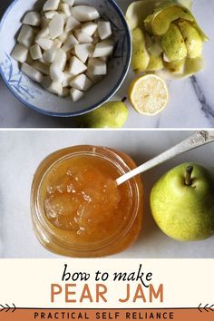 two pictures with apples and pear jam in them