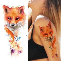 a woman with her arm painted with watercolors and an image of a fox