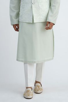 Light mint chanderi bundi jacket with floral and thread hand embroidery. Comes with off-white pant and a kurta. - Aza Fashions Off White Pants, White Pant, Kurta Set For Men, Fashion App, Kurta Set, White Pants, Aza Fashion, Hand Embroidered, Hand Embroidery