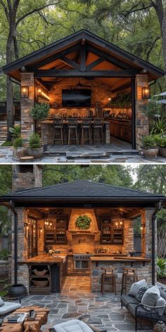 an outdoor kitchen and living room are shown in two different pictures, one is built into the