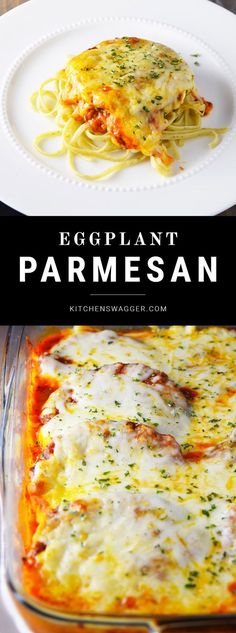 an eggplant parmesan casserole on a white plate and in a glass dish