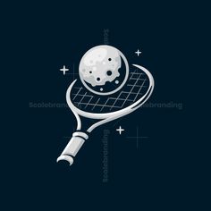 a tennis racket with a ball on it and stars in the sky behind it