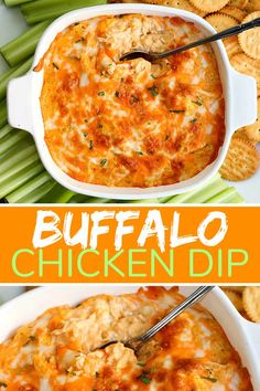 buffalo chicken dip in a casserole dish with crackers and celery