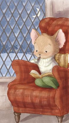 a painting of a mouse sitting in a chair reading a book