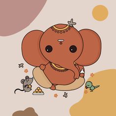 an elephant sitting on top of a pillow next to a small bird and a mouse