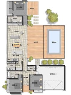 the floor plan for a house with two garages and an attached swimming pool area