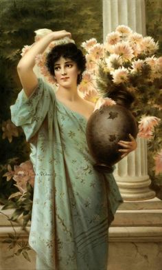 a painting of a woman holding a vase