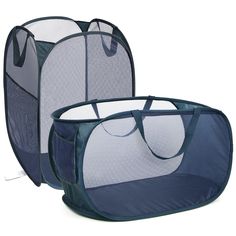 two baby playpens, one blue and the other white with mesh panels on it