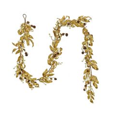 a gold necklace with leaves and flowers hanging from it's side on a white background