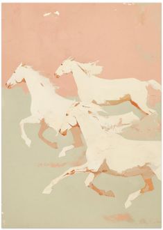 two white horses running in the air with pink sky behind them and one brown horse standing on its hind legs