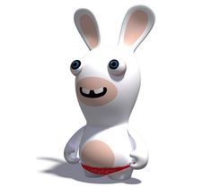 a white rabbit with blue eyes sitting on the ground in front of a white background