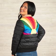 Chasing Rainbows Retro Stripe Insulated Jacket | GreaterGood Chasing Rainbows, Night Skirt, Reindeer Headband, Dress Party Night, Retro Stripes, Pocket Jacket, Daily Dress, Sherpa Fleece, Rainbow Stripes