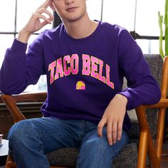 Pull up to the drive-thru in comfort | Taco Bell Purple Crewneck Sweatshirt Crunchwrap Supreme, Stranger Things Logo, Edna Mode, Purple Crewneck, Flash Logo, Colorful Sweatshirt, Friends Central Perk, Drive Thru, Embroidered Crewneck