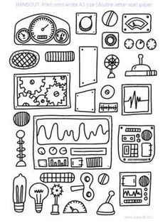 a black and white drawing of various objects