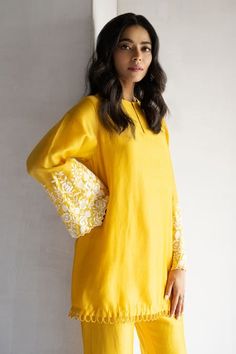 Buy Yellow Pure Chanderi Embroidered Floral Thread Kurta And Bell Bottom Pant For Women by Bharat Adiani Online at Aza Fashions. Designer Resham Embroidered Top For Eid, Spring Cotton Silk Kurta With Embroidered Border, Designer Resham Embroidery Top For Eid, Traditional Kaftan With Embroidered Sleeves For Eid, Festive Tunic Kurta With Embroidered Sleeves, Traditional Embroidered Top For Eid Designer Wear, Traditional Embroidered Top For Eid, Festive Embroidered Sleeve Tunic Kurta, Traditional Salwar Kameez With Embroidered Sleeves