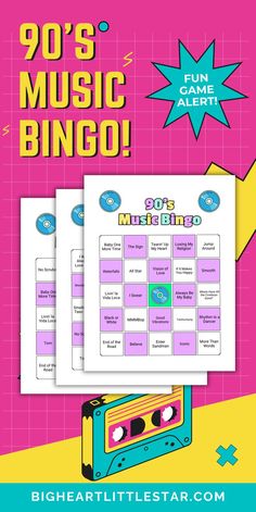 the 80s's music bingo game is on display in front of a pink background