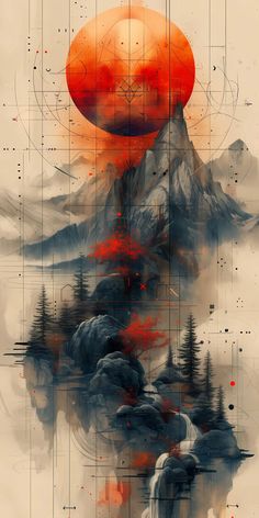 an abstract painting with mountains and trees in the foreground, red sun above them