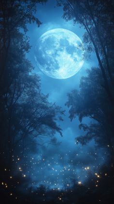 the full moon shines brightly in the sky above trees and fireflies at night