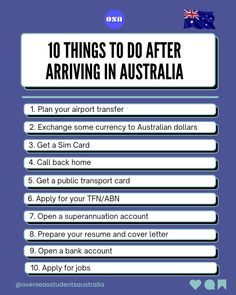 the top ten things to do after arriving in australia, including an airport transfer card